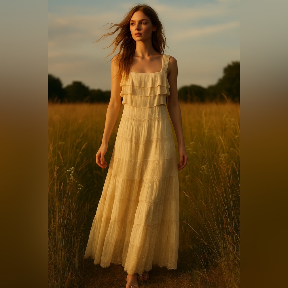YIGUE 100% Mulberry Silk & Lace Maxi Dress – Ethereal Runway-Inspired Gown